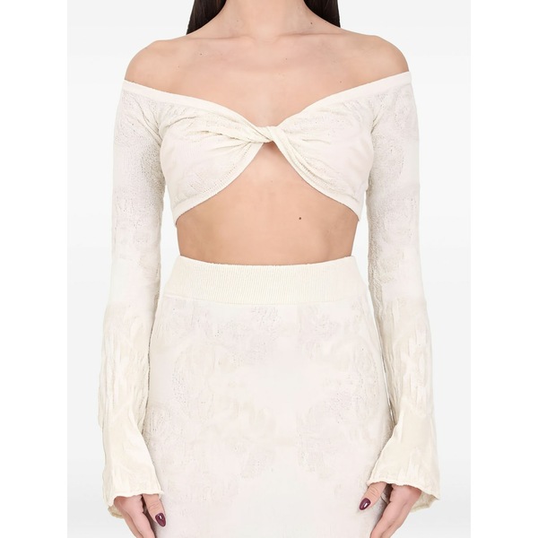 エーケプ レディース ティーシャツ トップス Off-shoulder knot-detail top Neutrals