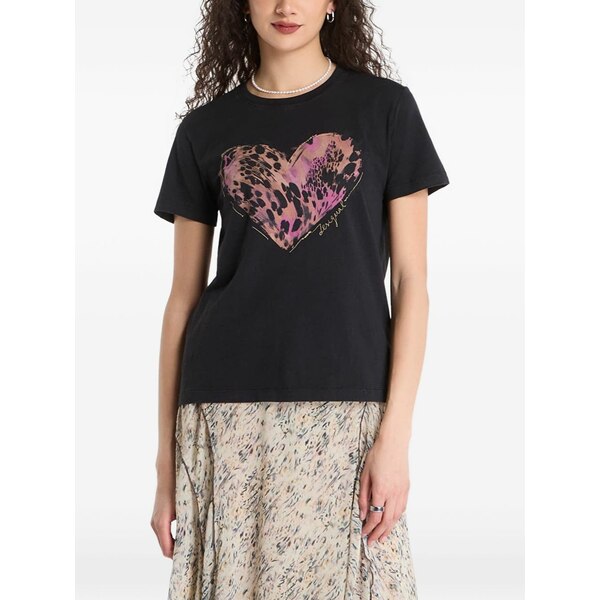 デジグアル レディース ティーシャツ トップス Leopard-print heart-motif t-shirt Black