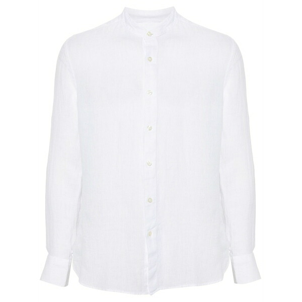 １２０％リノ メンズ プルオーバー トップス Band-collar linen shirt White