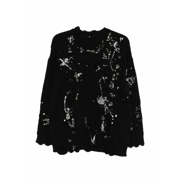 アールサーティーン レディース 編み物\u0026スウェーター アウター Distressed crystals pin sweater Black