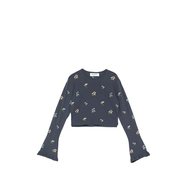 青碧お嬢さん レディース ティーシャツ トップス Floral-embroidered ribbed top Blue