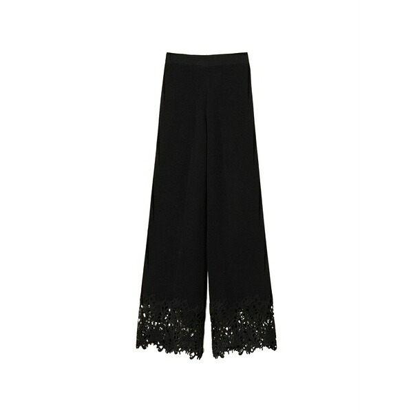 ツイン書き割り レディース 心地好いズボン下 ボトムス Lace-hem straight trousers Black