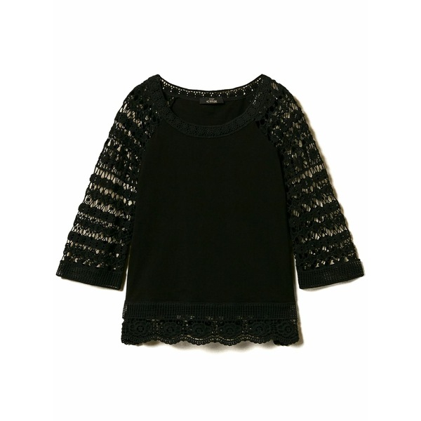 ツイン書き割り レディース ティーシャツ トップス Macram￡-detail blouse Black