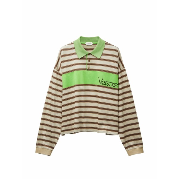 ヴェルサーチ メンズ スポーツシャツ トップス Embroidered-logo striped-intarsia cotton polo shirt  Neutrals