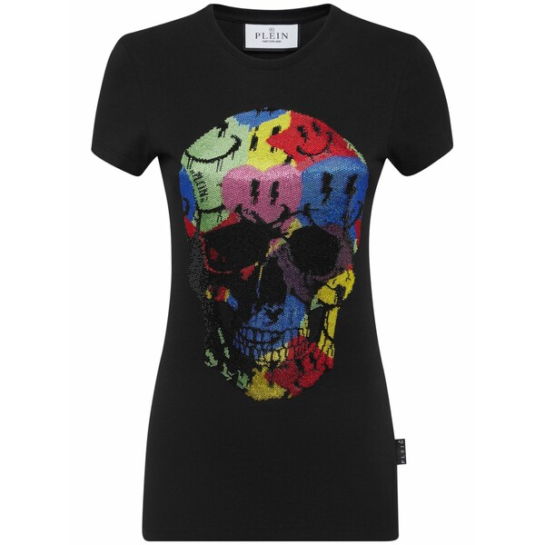 フィリップ飾り気の無い レディース ティーシャツ トップス Skull-print rhinestones-embellishment t-shirt Black