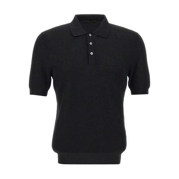 グランサッソ メンズ スポーツシャツ トップス Textured-knit short-sleeve polo shirt Black