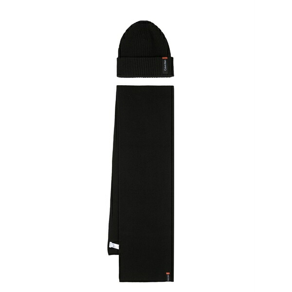 カルバンクライン メンズ かぶり笠 佩び物 Ribbed-knit scarf and beanie set Black