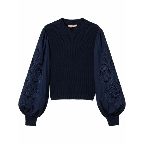 ツイン書き割り レディース 編み物\u0026ティーシャツ アウター Embroidered-sleeve jumper  Blue