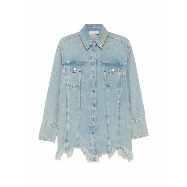ブルマリン レディース シャツ トップス Logo-embroidered frayed-hem shirt Blue｜asty