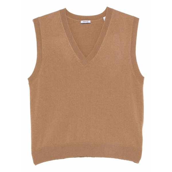 アスペジ レディース 編み物\u0026ティーシャツ アウター V-neck sleeveless sweater Brown