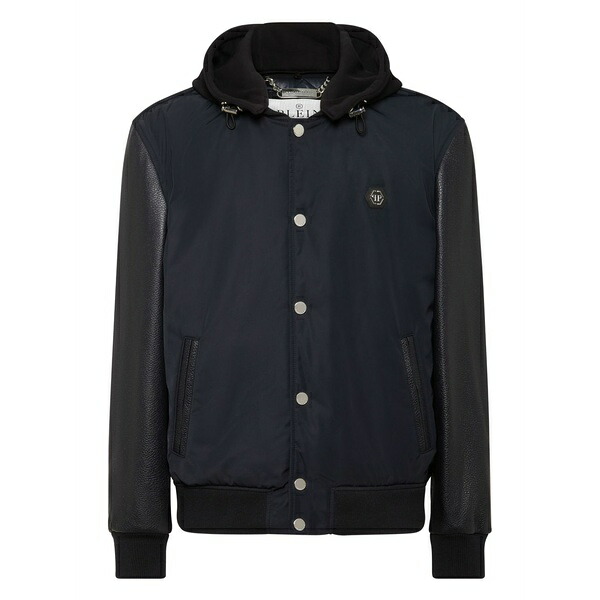 フィリップ飾り気の無い メンズ 上衣＆上衣 アウター Leather-sleeve hooded bomber jacket Blue