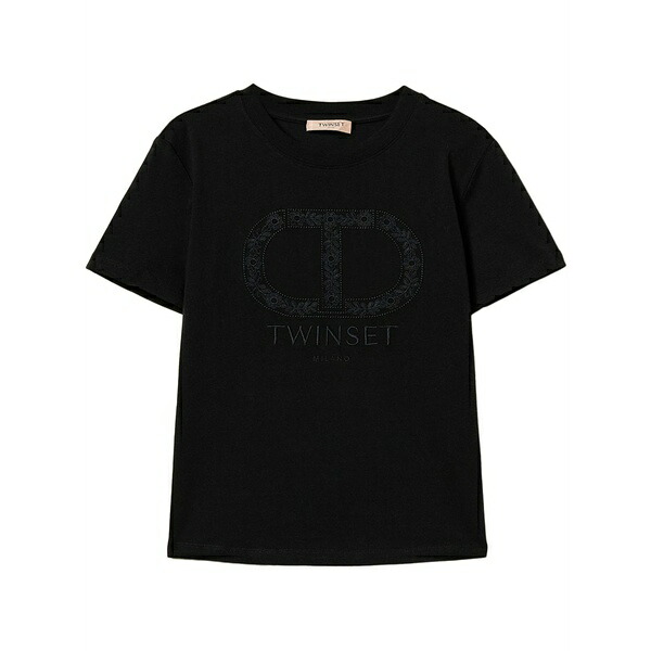 ツイン仕掛ける レディース プルオーバー トップス Oval t-embroidered t-shirt Black