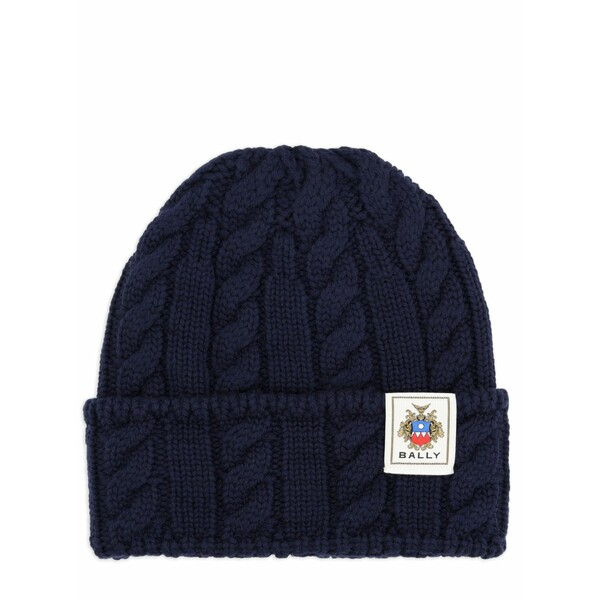 バリー メンズ かぶり笠 佩び物 Cable-knit logo-patch beanie hat Blue