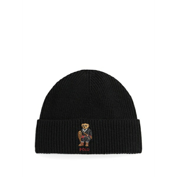 ラルフローレン メンズ かぶり笠 佩び物 Bear-embroidered ribbed beanie Black