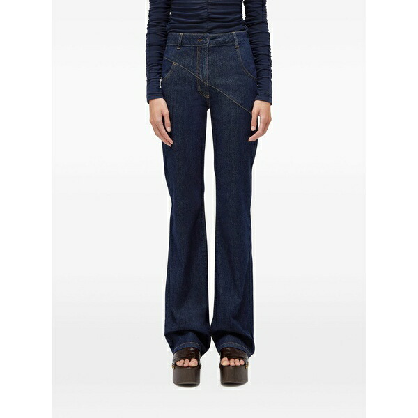 青みうしろ帯 レディース ジーンズズボン下 ボトムス Asymmetric-seam high-waisted jeans Blue