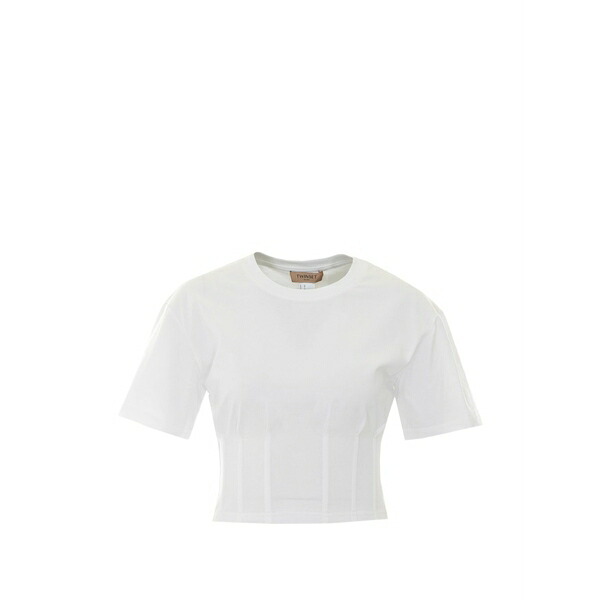 ツイン仕掛ける レディース プルオーバー トップス Crew neck bustier-detail t-shirt White