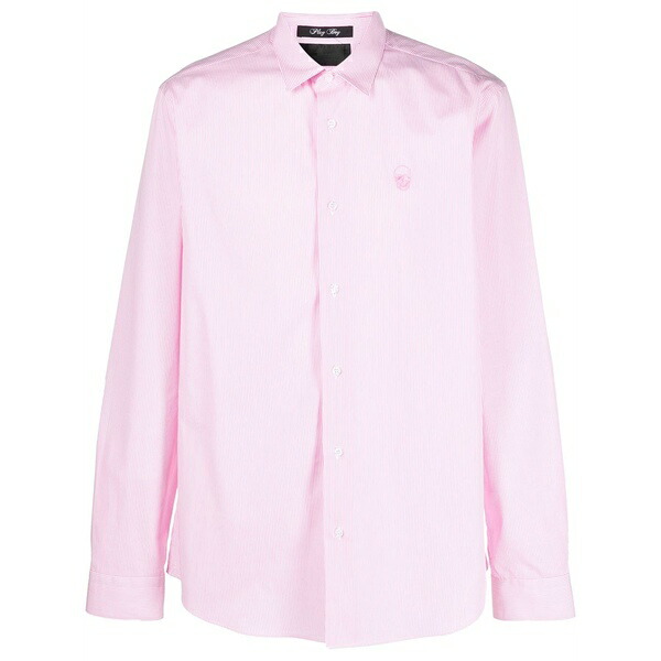 フィリッププレイン メンズ シャツ トップス Skull-embroidered striped shirt Pink|asty