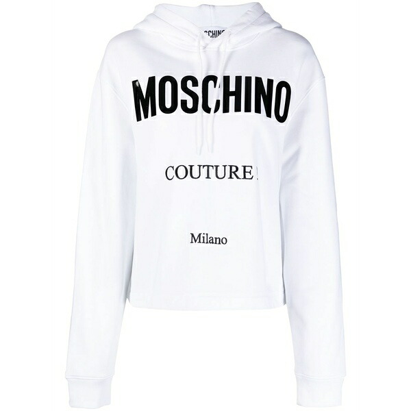 モスキーノ レディース パーカー・スウェットシャツ アウター Logo-print cropped hoodie White