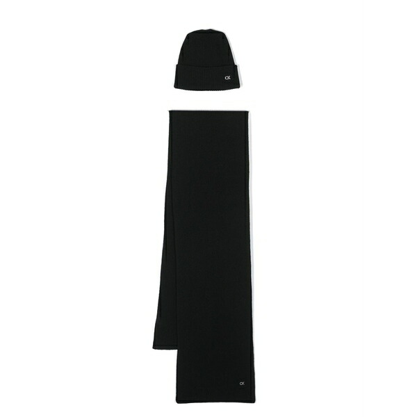 カルバンクライン レディース マフラー・ストール・スカーフ アクセサリー Logo-plaque ribbed beanie and scarf set Black｜asty