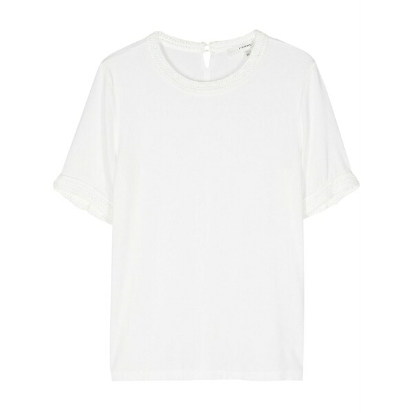 一こま レディース プルオーバー トップス Crochet-trim t-shirt White