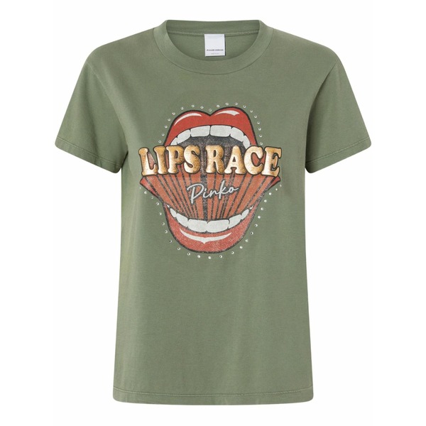 ピンコ レディース Tシャツ トップス Lips race mouth print t-shirt Green|asty