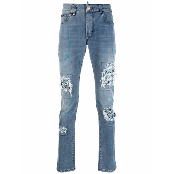 フィリッププレイン メンズ デニムパンツ ボトムス Ripped-detail slim-cut jeans Blue|asty