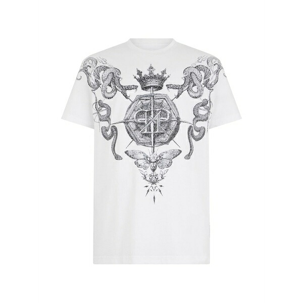 フィリップ飾り気の無い メンズ プルオーバー トップス Crew-neck tattoo-print t-shirt White