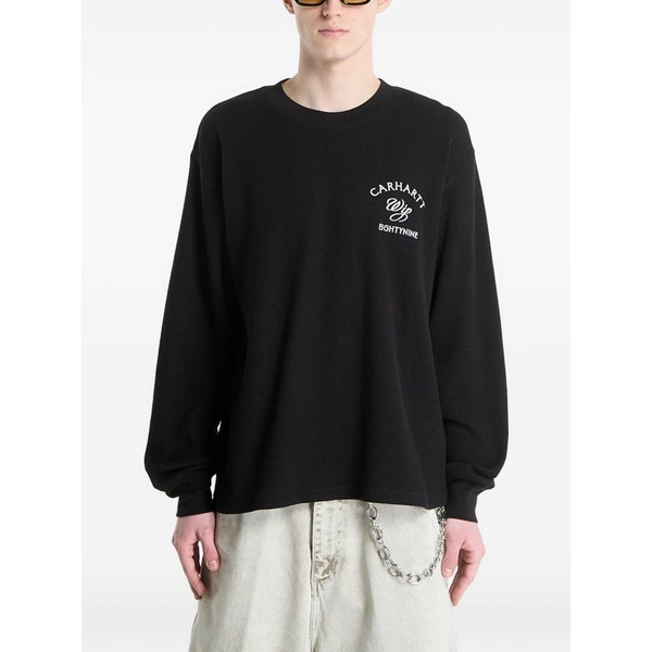 鉄道車両ハート形 メンズ ティーシャツ トップス Waffle-knit logo-print t-shirt Black