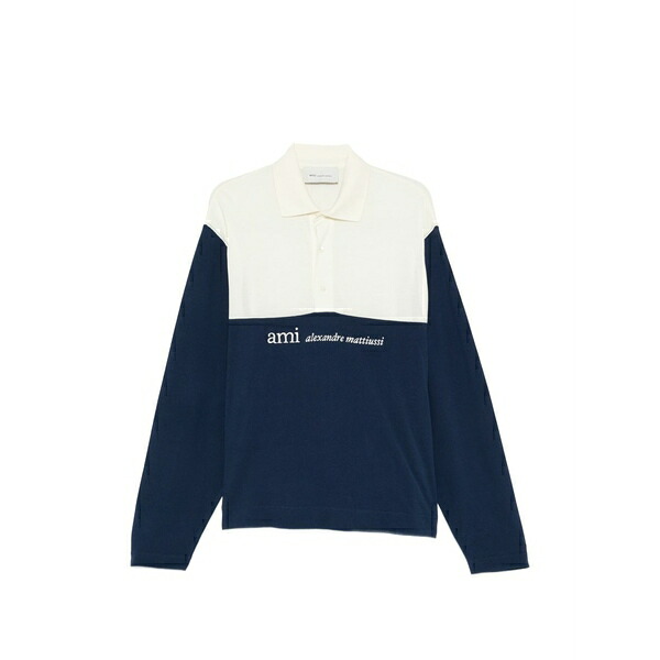 意中の女 メンズ スポーツシャツ トップス Colourblock long-sleeve polo shirt Blue