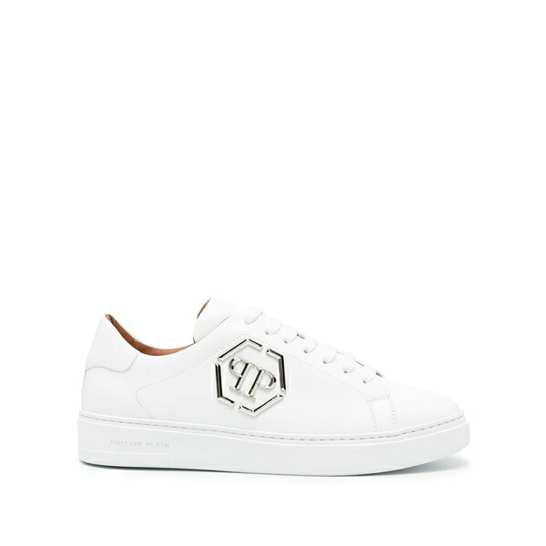 フィリップ飾り気の無い メンズ スニーカー シューズ Logo-plaque leather sneakers White