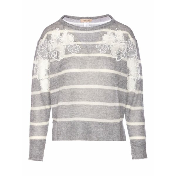 ツイン書き割り レディース 編み物\u0026プルオーバー アウター Striped-pattern lace-embellished sweater Grey