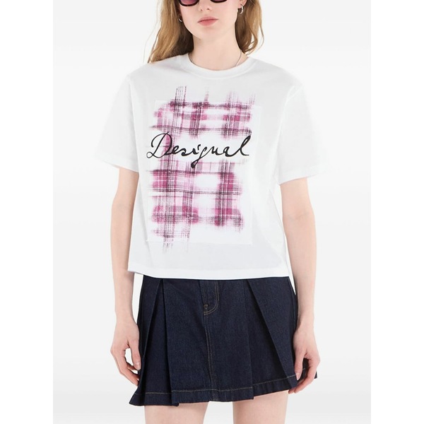 デジグアル レディース ティーシャツ トップス Checked-logo cotton t-shirt White