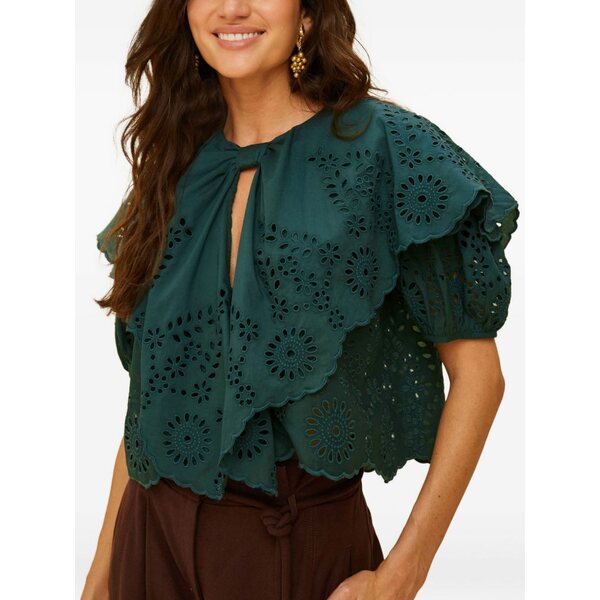 耕園 リオ レディース プルオーバー トップス Cut-out ruffled blouse Green