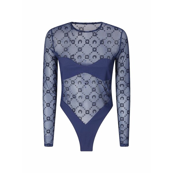 マリーン セル レディース Tシャツ トップス Moonogram flock-print mesh bodysuit Blue｜asty