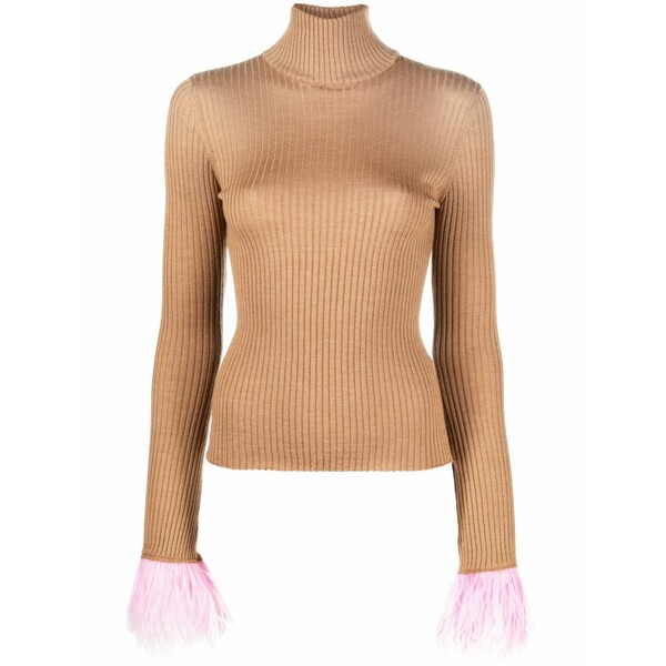 ラ・ダブル・ジェイ レディース 編み物\u0026ティーシャツ アウター Feather-cuff ribbed-knit jumper Brown