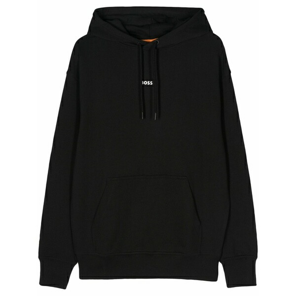 ボス メンズ パーカー・スウェットシャツ アウター Logo-rubberised cotton hoodie Black