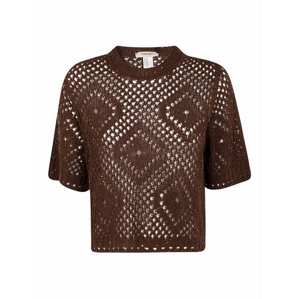 ツイン仕掛ける レディース プルオーバー トップス Open-knit short-sleeve top Brown