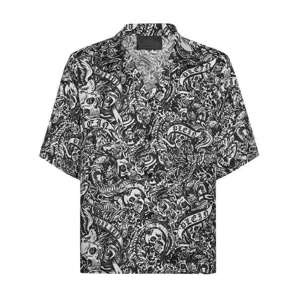 フィリップ飾り気のない メンズ プルオーバー トップス Tattoo short-sleeve silk shirt Black