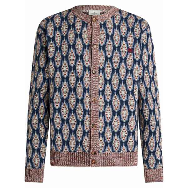 エトロ メンズ ジレー アウター Jacquard-pattern crew-neck cardigan Blue