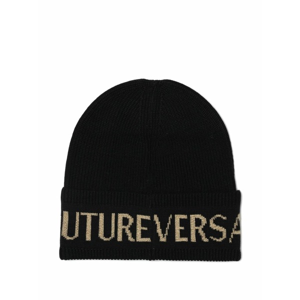 ベルサーチ メンズ 帽子 アクセサリー Intarsia-knit logo beanie Black｜asty