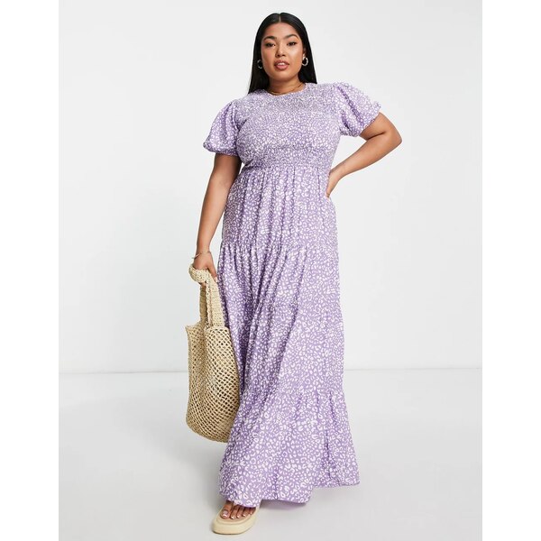 訳あり ミスガイデッド レディース ワンピース トップス Missguided Plus animal print tiered maxi dress  with shirred bodice in lilac LILAC ksumart.com