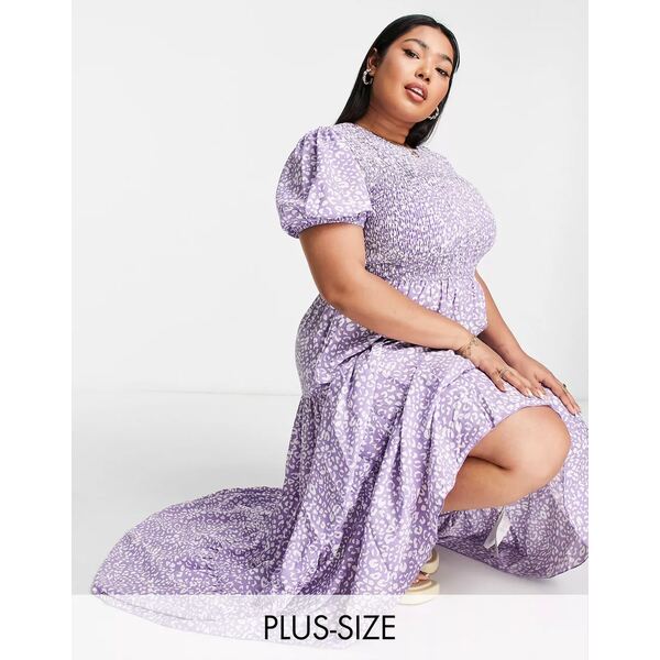 訳あり ミスガイデッド レディース ワンピース トップス Missguided Plus animal print tiered maxi dress  with shirred bodice in lilac LILAC ksumart.com