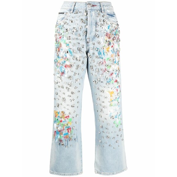 フィリッププレイン レディース デニムパンツ ボトムス cropped rhinestone-embellished jeans Blue|asty