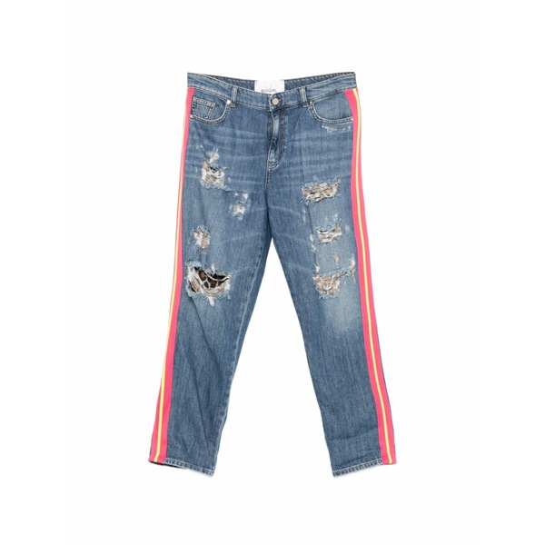 青みうしろ帯 レディース ジーンズズボン下 ボトムス Distressed striped jeans Blue