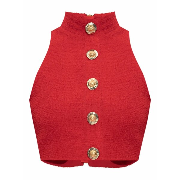バルマン レディース カットソー トップス High-neck button-detail top Red｜asty