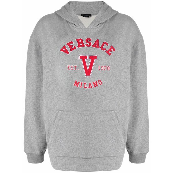 ヴェルサーチ メンズ パーカー・スウェットシャツ アウター Appliqu?? logo hoodie Grey
