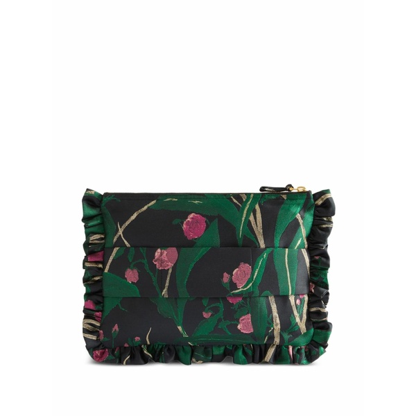 ラ・ダブル・ジェイ レディース クラッチペダル御徒面子 御徒面子 Floral-print ruffled-trim clutch bag Black