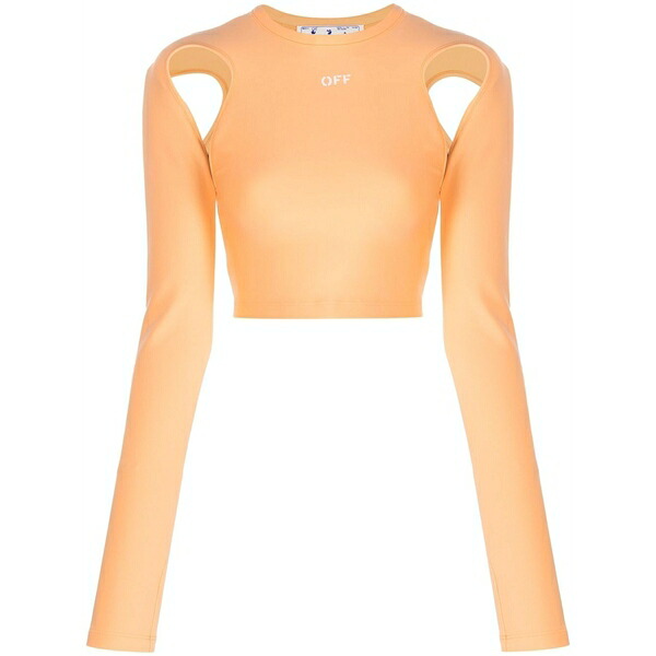 オフホワイト レディース Tシャツ トップス Cut-out long-sleeve crop top Orange|asty