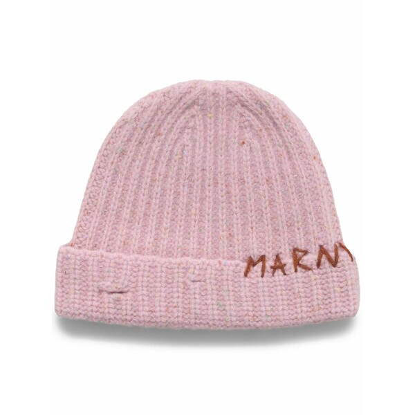 マルニ レディース かぶり笠 佩び物 Logo-embroidered ribbed-knit beanie Pink