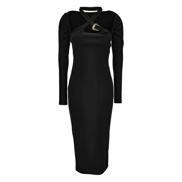 ベルサーチ レディース ワンピース トップス Cross-neck ribbed dress Black｜asty